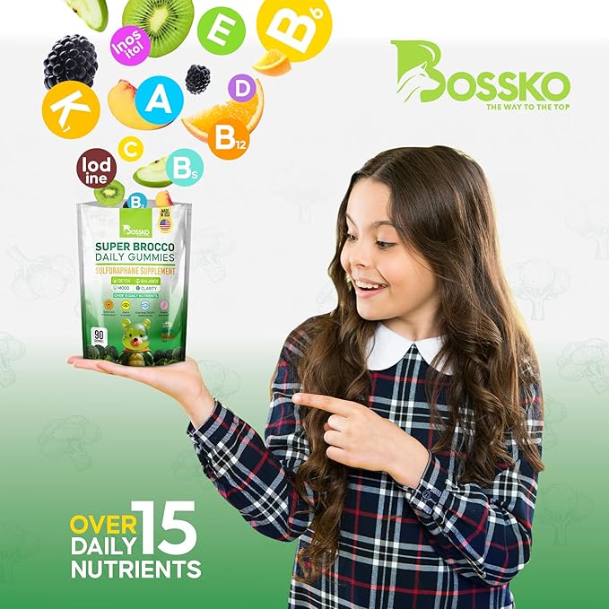 Bossko Sulforaphane Gummies with Omega-3 – Broccoli Sprout Extract EPA/DHA &amp Antioxidants – Cellular Health &amp Mood Support – 90 Vegan Gummies – Mixed Berry Flavors – Sugar-Free