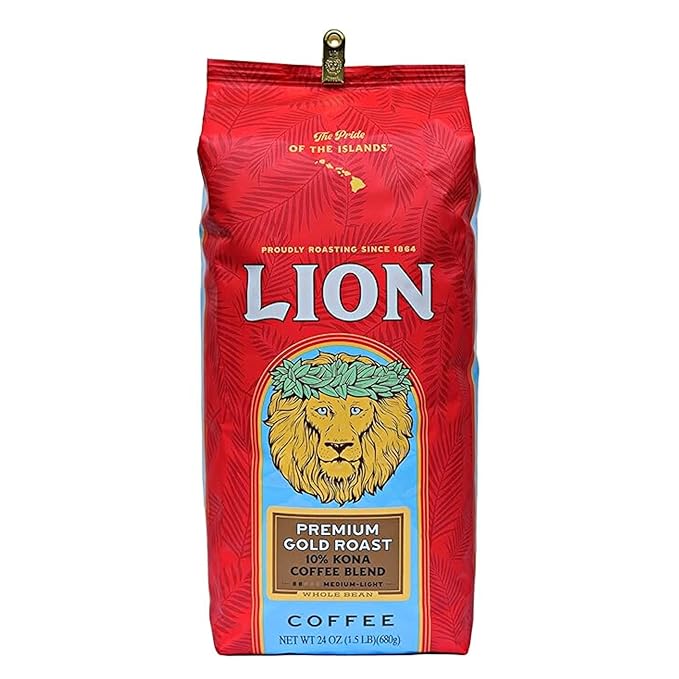 Lion Coffee 24K Gold Roast 100% Kona Whole Bean Coffee Medium-Light Roast A Taste of Aloha - 7 Ounce Bag