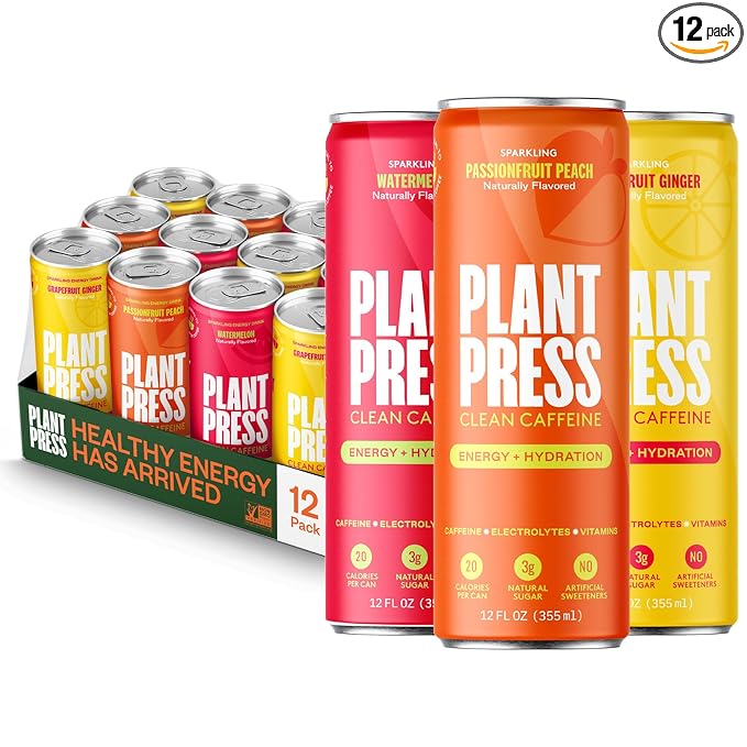 Plant Press - Organic Energy Drink 100 mg Caffeine Clean Coffee Alternative Full Range of Vitamins Electrolytes No Sugar Alcohols No Preservatives - Variety Pack (12 Fl Oz 12 Pk)