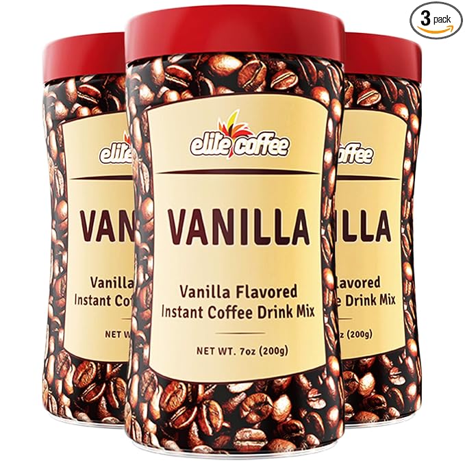 Elite Instant Coffee Vanilla Flavored Drink Mix 7oz (3 Pack) Gluten Free Resealable Tin Bottle