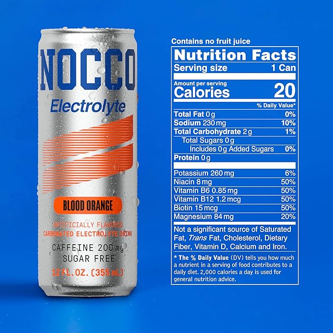 NOCCO Zero Sugar Electrolyte Drink Blood Orange - 12 Fl Oz (Pack of 24) - 200mg Caffeine Sugar Free with Electrolytes Carbonated &amp Low Calorie B Vitamins Grab &amp Go Performance Drink