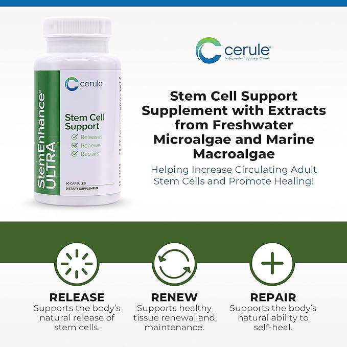 Cerule StemEnhance Ultra Natural Stem Cell Support Supplement – Freshwater Microalgae and Marine Macroalgae Extracts for Cellular Renewal Immune Function Energy and Tissue Recovery – 60 Capsules