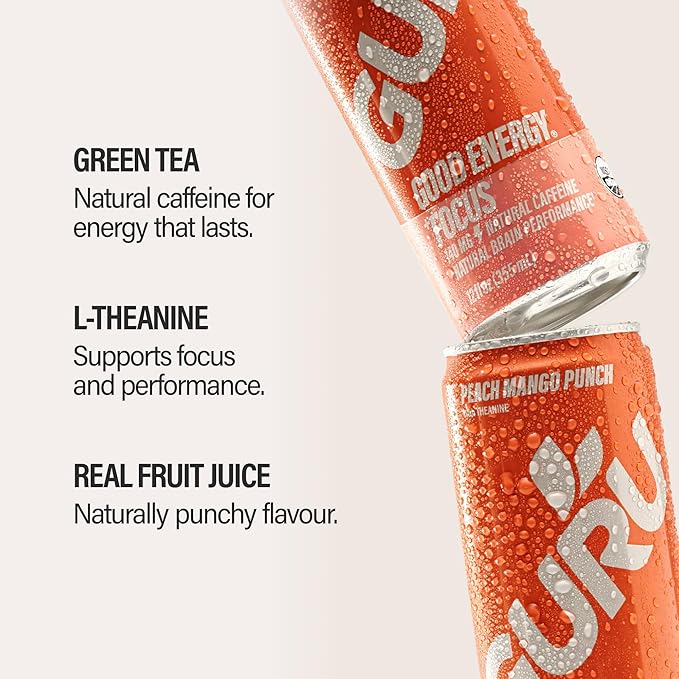 GURU Peach Mango Punch Organic Energy Drinks Clean Energy Drink with Plant Based Natural Caffeine from Green Tea + Focus with L Theanine Gluten Free and Vegan 140MG Caffeine 12oz (Pack of 12)
