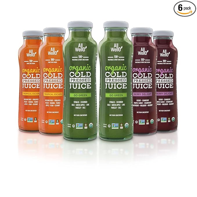 ALLWELLO Organic Cold Pressed Juice Drinks with Real Fruits and Vegetables Gluten Free Non-GMO Healthy Juices No Preservatives No Sugar Added 6 PK Variety Pack (2 Berry Delight 2 Tropical Escape 2