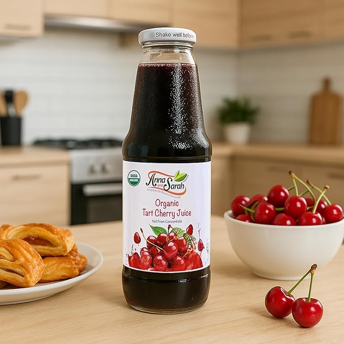 Anna and Sarah 33.8 Oz Organic Tart Cherry Juice - USDA Organic Certified - Glass Bottle (4 Pack) No Sugar Added No Artificial Colors No Preservatives No Flavors AddedNOT from Concentrate