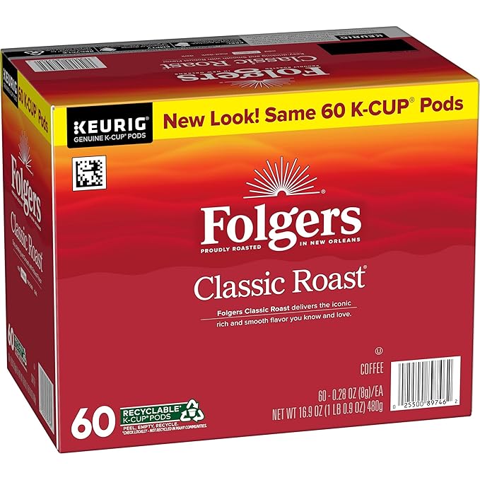 Folgers Classic Roast Coffee Medium Roast Keurig K-Cup Pods 10 Count Box (Pack of 6)