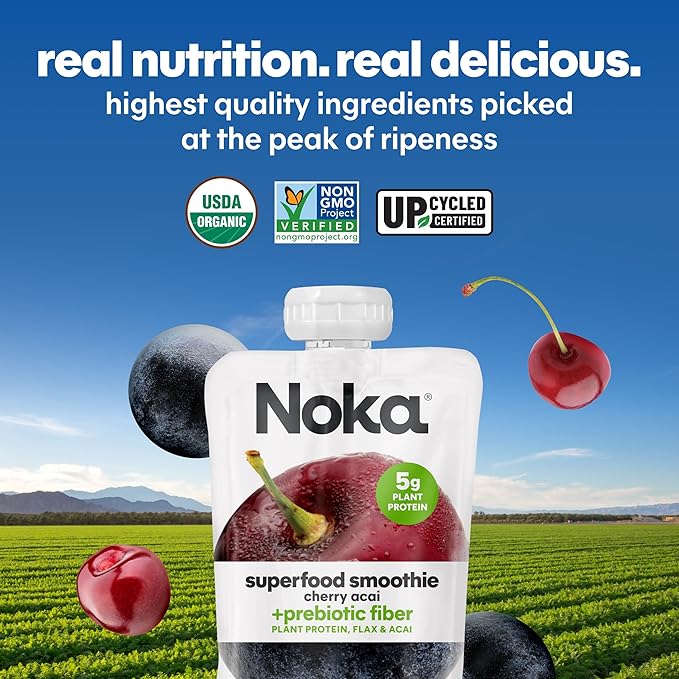 Noka Superfood Fruit Smoothie Pouches Cherry Acai Healthy Snacks with Flax Seed Plant Protein and Prebiotic Fiber Vegan and Gluten Free Snacks Organic Squeeze Pouch 4.22 oz 12 Count