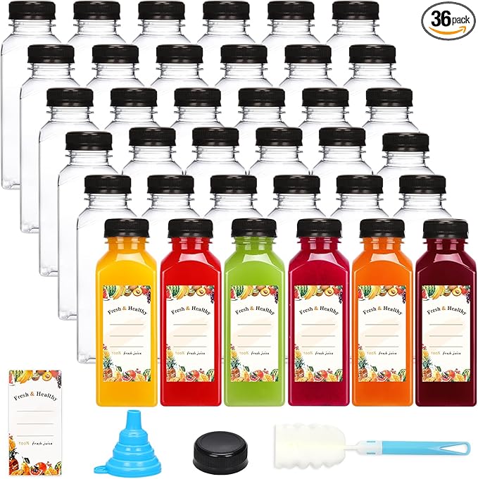 Moretoes 36pcs 12oz Juice Bottles Plastic Bottles with Lids Reusable Clear Containers with Caps for Juices Milk Smoothie and Other Beverages