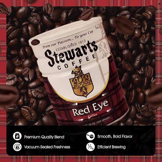 Stewarts - Red Eye Ground Coffee - Dark Roast - Vacuum Sealed Bags - Bold &amp Rich Dark Roast Ground Coffee - Ideal for Morning Energy &amp All-Day Enjoyment - Freshly Packed Flavor (23oz Pack of