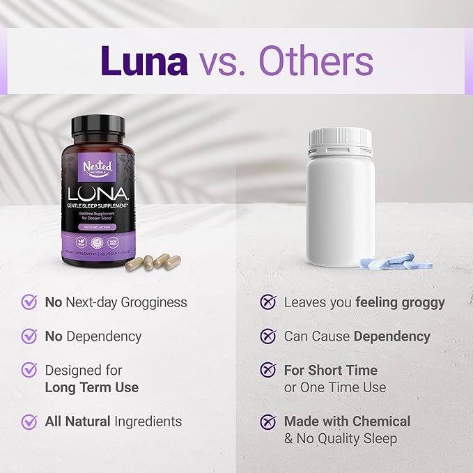Nested Naturals Luna Sleep Aid &amp Magnesium Glycinate Chelate for Sleep Relaxation &amp Recovery (180 Capsules)