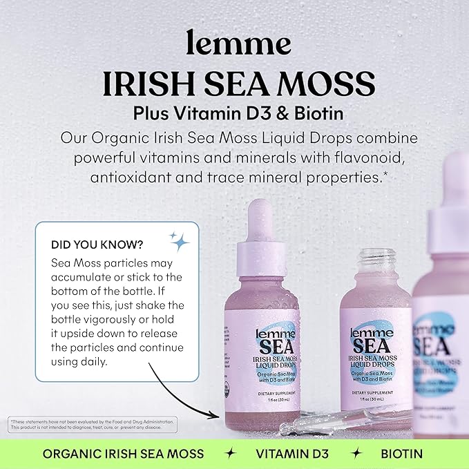 Lemme Irish Sea Moss Organic Liquid Drops with Vitamin D3 and Biotin for Trace Mineral Support Immunity Hair Skin &amp Nails Brain Health - Gluten &amp Sugar Free Non GMO 1 oz 30 Servings