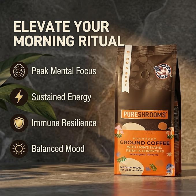 PureShrooms Mind &amp Body Ground Mushroom Coffee – Focus Energy &amp Mood Support – Premium Arabica with Organic Lion’s Mane Reishi &amp Cordyceps – Low Acidity Jitter-Free Medium Roast – 340g