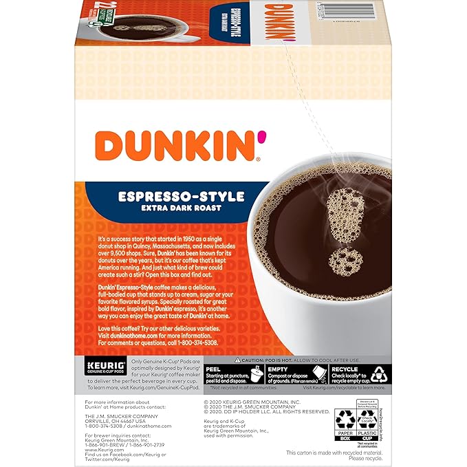 Dunkin' Espresso Style Extra Dark Roast Coffee 88 Keurig K-Cup Pods