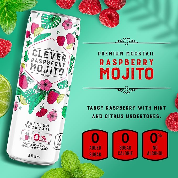 CLEVER - Raspberry Mojito Nonalcoholic Mocktails for Any Occasion Sugar-Free Beverages with Botanical Extracts Low-Calorie Mocktails Non-alcoholic Drinks with 10 Calories Pack of 12 (12 oz Ea)