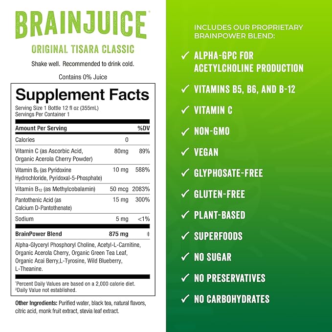 BrainJuice Brain Health Support Drink for Energy &amp Focus Vitamin C B5 B6 &amp B12 L Theanine Alpha GPC &amp Natural Caffeine from Green Tea Vegan Gluten Free Tisara Classic Tea 12 Oz Ca