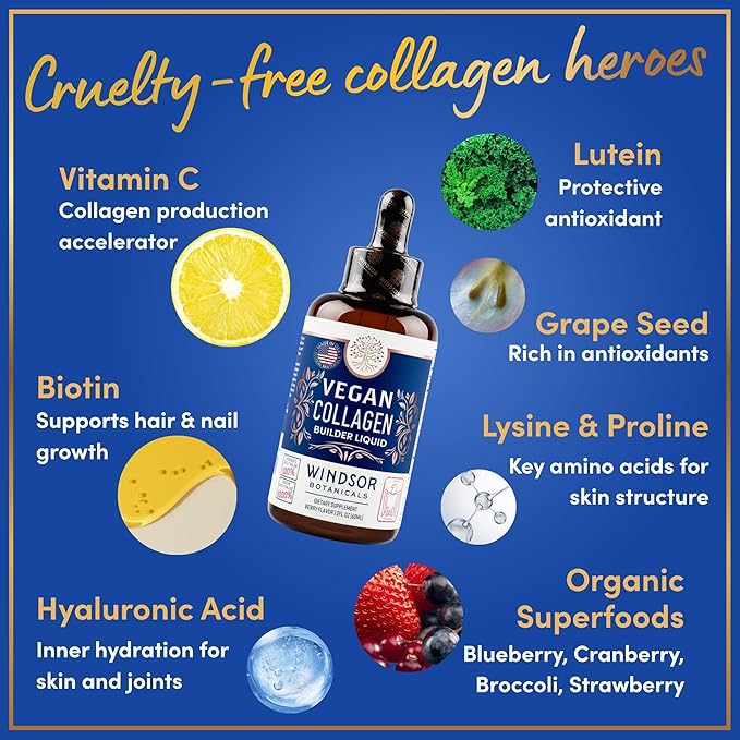 WINDSOR BOTANICALS Vegan Collagen Builder Liquid Supplement - Collagen Booster with Vitamin C Biotin Hyaluronic Acid &amp Amino Acids - Organic Fruit &amp Vegetable Blend - 120ml 60 Day