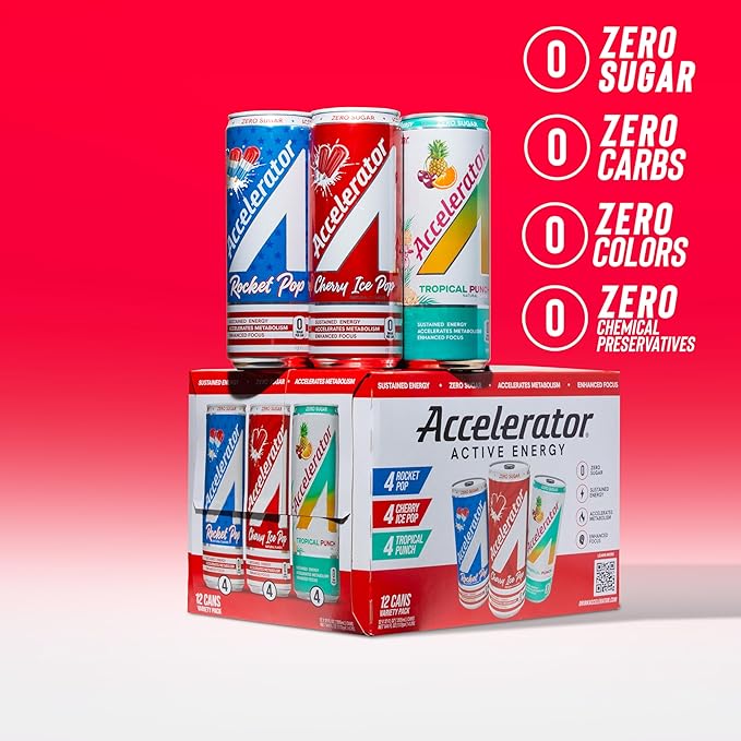 Accelerator Energy Drink Variety Pack 12oz can Zero Sugar Sustained Energy from 100% Natural Caffeine (200mg from Green Coffee Bean &amp Green Tea extract) (Pack of 24)