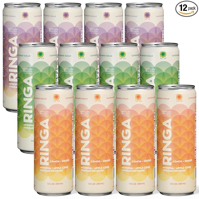 Ringa Sparkling Hydration Variety Pack 12oz Cans (12-Count 4 Each) – Organic Moringa + Apple Cider Vinegar 3g Prebiotic Fiber No Added Sugar Gut Health &amp Clean Daily Hydration
