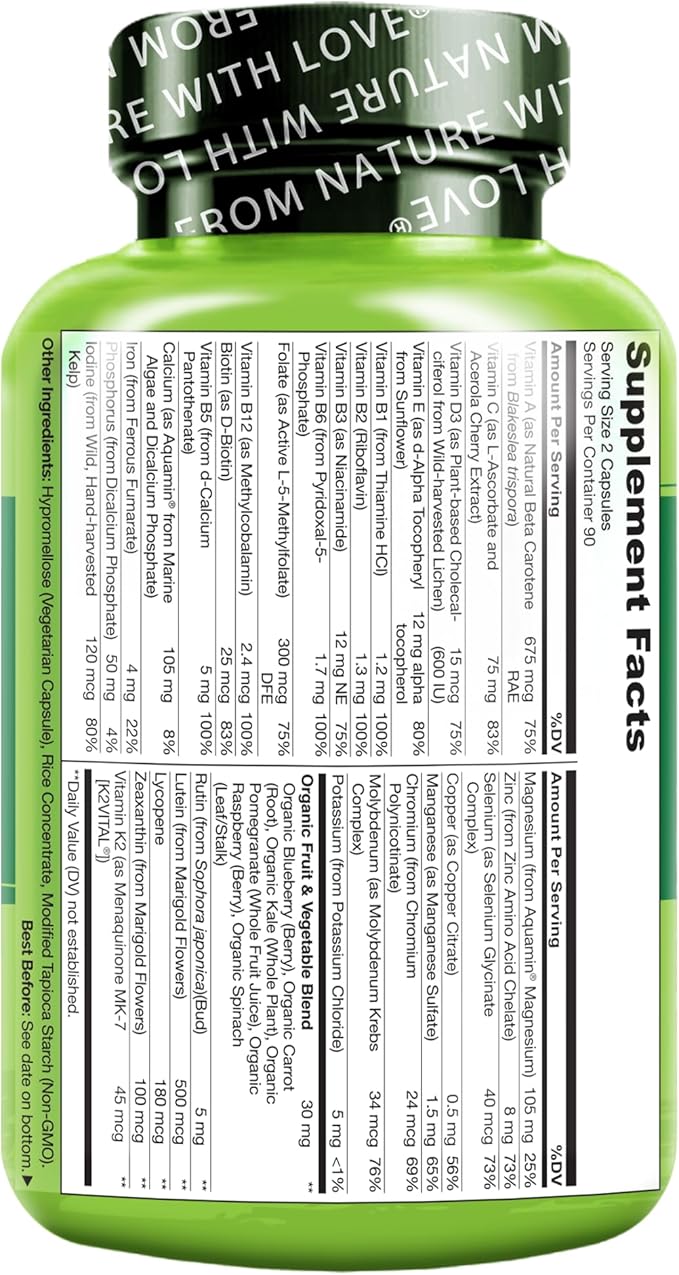NATURELO Multivitamins for Teenage Girls/Boys 180 Capsules Whole Food Multivitamin with Minerals Non-GMO Vegetarian