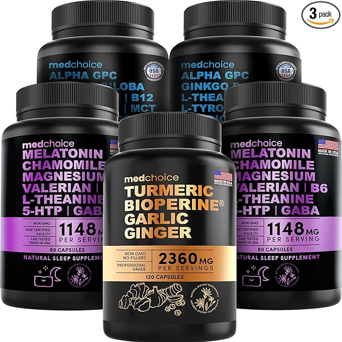 MEDCHOICE Turmeric &amp Ginger (120ct) Sleep Melatonin (180ct) and Nootropic Brain (120ct) Supplement Bundle - Wellness Trio for Brain Sleep &amp Immune Support - Vegan Non-GMO Gluten-Free