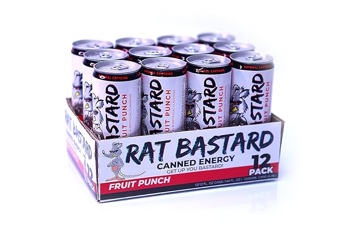 RAT BASTARD Energy Drink - Sugar-Free Caffeinated Beverage Natural Caffeine to Boost Energy and Focus Fruit Punch Flavor 12 fl oz Can (Case of 12)