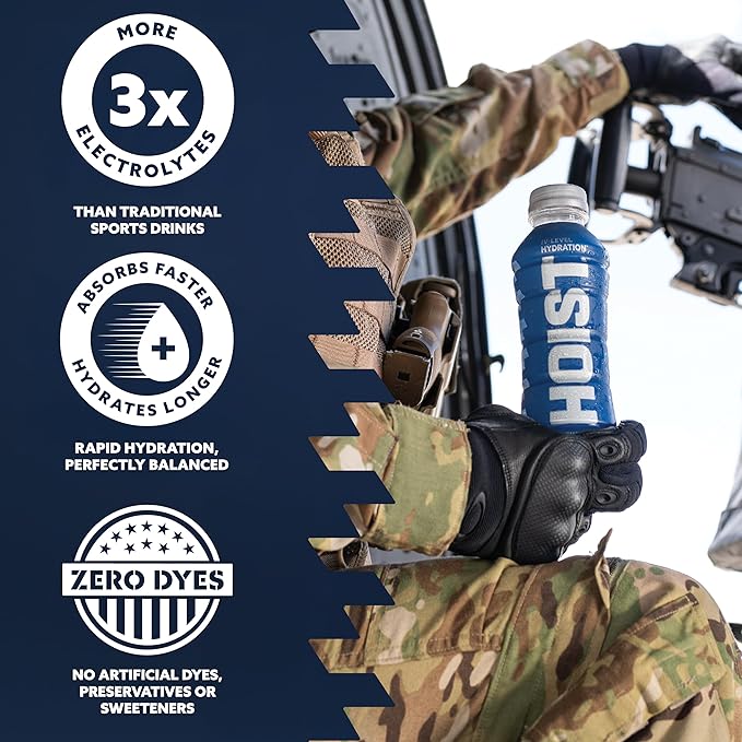 HOIST Premium Military Hydration Electrolyte Drink Powerful IV-Level Hydration Clinically Proven Performance Drink Blue Raspberry 16 Fl Oz (Pack of 12)