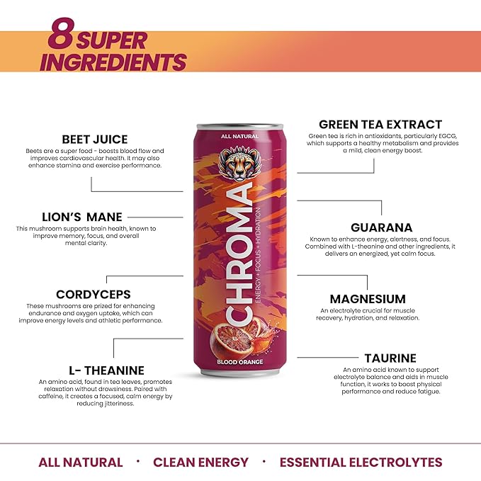 CHROMA All Natural Mushroom Energy Drink - Lion's Mane Cordyceps L-Theanine Beet Root Guarana Electrolytes Adaptogens Green Tea Caffeine. No crash or jitters. Energy Mood Focus Performance B