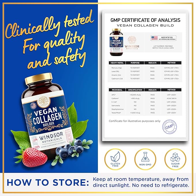 Vegan Collagen for Women and Men Supplements - Vitamin C Biotin Amino Acids Glycine Lysine Proline Organic Fruit &amp Vegetable Powder - Once A Day - 30 Plant Based Collagen Boost Tablets