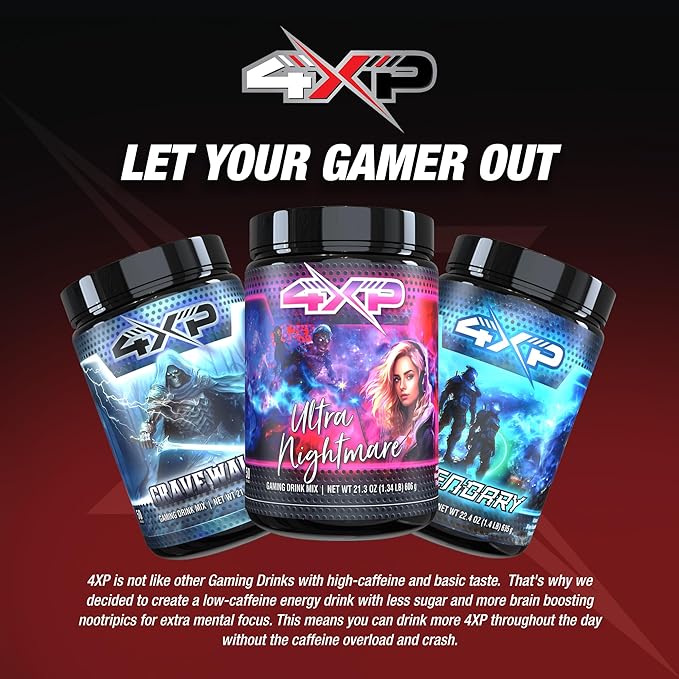 4XP Ultra Nightmare Watermelon Gaming Energy Drink Mix| Low-Caffeine Nootropic Powder with B Vitamins &amp Watermelon Flavor for Gamers | 50-Serving Container