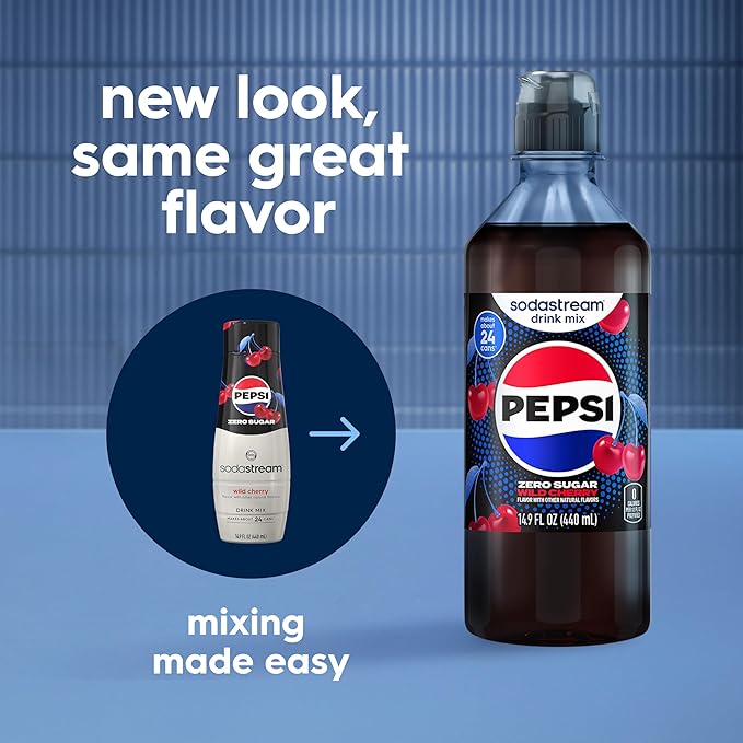 SodaStream Pepsi Wild Cherry Zero Sugar New Pour Bottles Drink Mix (440ml Pack of 4)