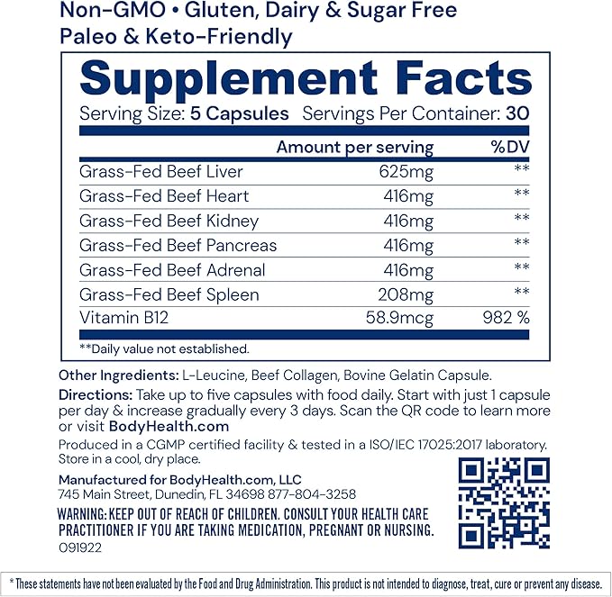 BodyHealth Organ+ Grass-Fed Glandular Organ Complex Grassfed Beef Organ Supplement Dessicated Beef Liver Heart Kidney Pancreas Spleen Non GMO Adrenal Supplement (150 Capsules)