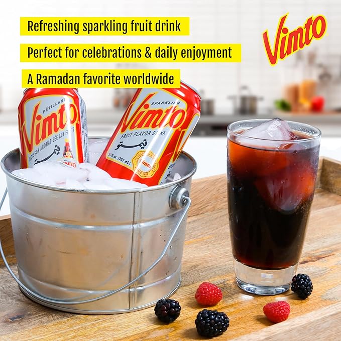 Vimto Sparkling Fruit Flavored Drink – Soda with Natural Black Cherry Raspberry Black Currant – Middle Eastern Formula – Perfect for Ramadan Celebrations – Refreshing Beverage 12 fl oz (Pack of 24