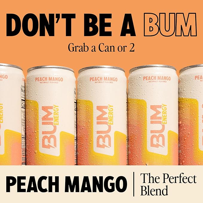 BUM Sugar-Free Energy Drink Peach Mango - Lightly Carbonated &amp No Artificial Colors Natural Caffeine &amp Citicoline for Energy &amp Focus Brain Boost &amp Workout Sports Beverage - 12 oz P