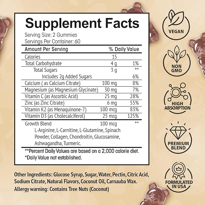 Height Growth Increase Vitamin Gummies Calcium 100mg Magnesium Glycinate 30mg Zinc Ashwagandha Vitamin K2 D3 25mg Grow Tall Maximizer Supplement Multivitamin for Kids Teens Boy &amp Girl Adul