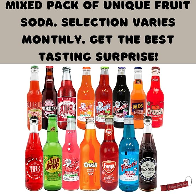 Fruit Soda Surprise Variety Sampler Pack | Premium Crafted Fruit Soda Variety Pack from Around USA | Includes Crazy Soda Pop Bottle Opener (12 Pack)