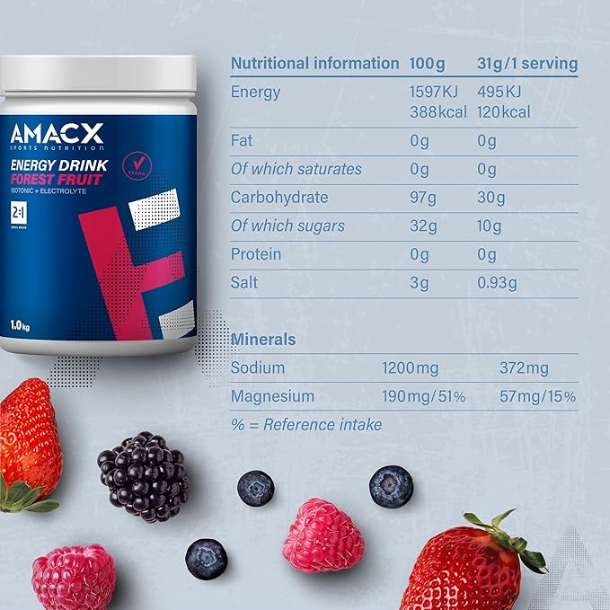 Amacx Energy Drink Powder for Endurance Athletes – 1kg – Isotonic Sports Drink + Electrolytes Powder Drink Mix – Maltodextrin (Glucose) + Fructose Without Artificial Additives (1kg Forest Fruit)