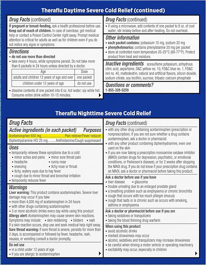 Theraflu Combo Daytime and Nighttime Severe Cold Relief Honey Lemon Flavor Powder_ and Daytime Severe Cold Relief Berry Burst Flavor Powder _6 Daytime + 6 Nighttime and 6 Berry Burst Powder Packets