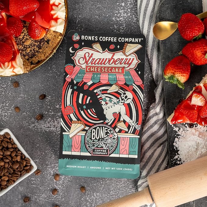 Bones Coffee Company Strawberry Cheesecake and French Toast Flavored Ground Coffee Beans Bundle | 12 oz Medium Roast Arabica Low Acid Coffee Gifts (Ground)