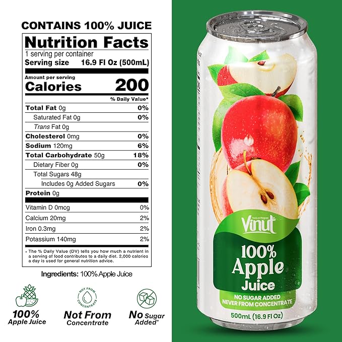 VINUT 100% Apple Juice No Added Sugar Not From Concentrate 16.9 fl oz (500 mL) Can Pack of 12