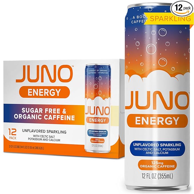 JUNO ENERGY Unflavored Sparkling Energy Drink - Sugar Free 125mg Organic Caffeine from Green Coffee Beans with Celtic Salt Potassium &amp Calcium for Hydration &amp Energy - 12 Pack