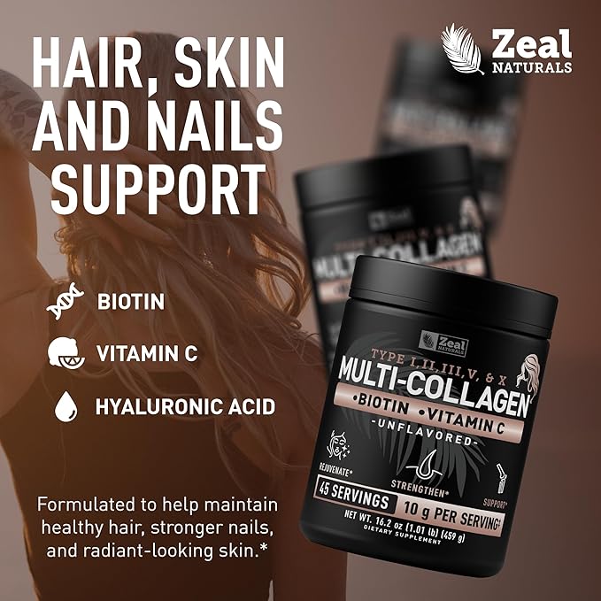 Premium Multi Collagen Peptides Powder (1 2 3 5 &amp 10) with Protein. Vitamin C Biotin Hyaluronic Acid for Hair Skin and Nails - Marine Bovine Chicken &amp Eggshell (Unflavored 45 Servings