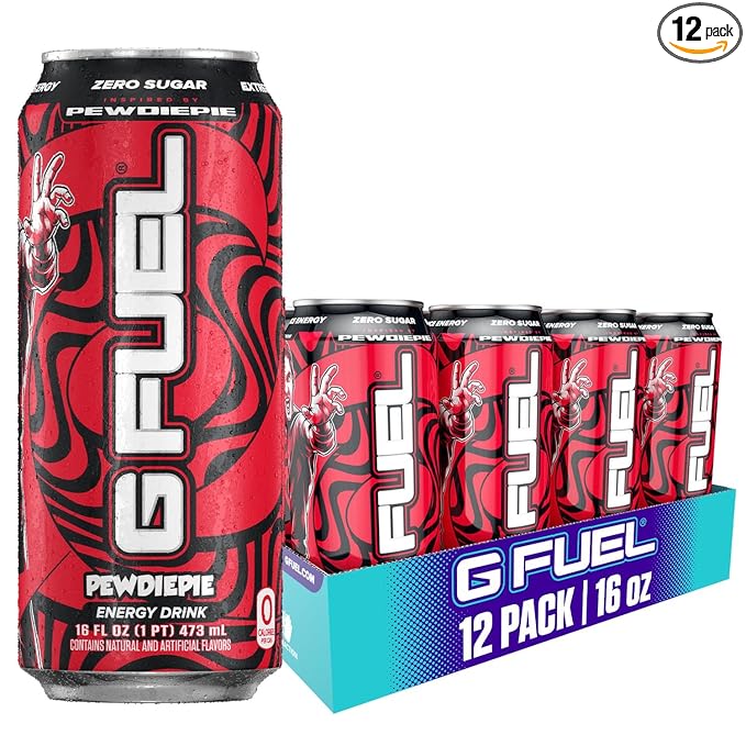 G Fuel Energy Drink Lingonberry Sugar Free Beverage with 300mg Caffeine Daily Energy Boost with Focus Amino Vitamin + Antioxidants 16 oz Cans (PewDiePie 12-Pack)