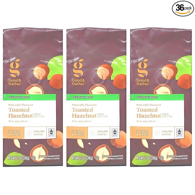 Good and Gather Ground Toasted Hazelnut Coffee - Decaffeinated - Bulk Pack of 3 Bags - 36 Total Ounces - Light Roast - Arabica Coffee -