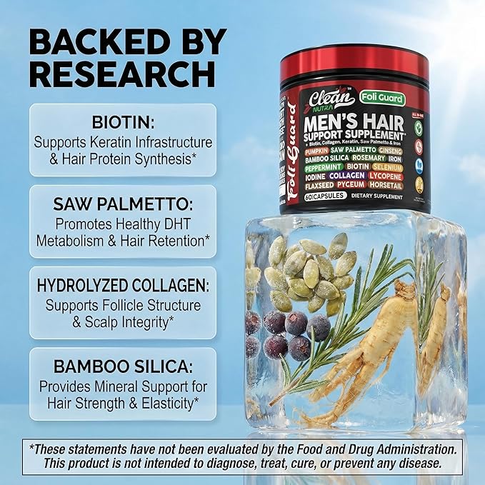 Hair Growth Supplement For Men | Biotin Hair Vitamins Collagen Pumpkin Seed Saw Palmetto Iron Ginseng Bamboo Silica Rosemary Peppermint Keratin Selenium Iodine Flaxseed Horsetail Vitamin A C D3 E B12