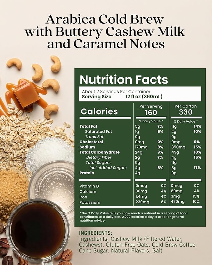 Elmhurst 1925 Caramel Cashew Latte – Plant-Based Vegan Dairy-Free Plant Milk Latte Made of Cashew Milk Cold Brew Premium Arabica with 95mg Caffeine &amp Sweet Caramel Notes – 25.4oz (Pack of 6)