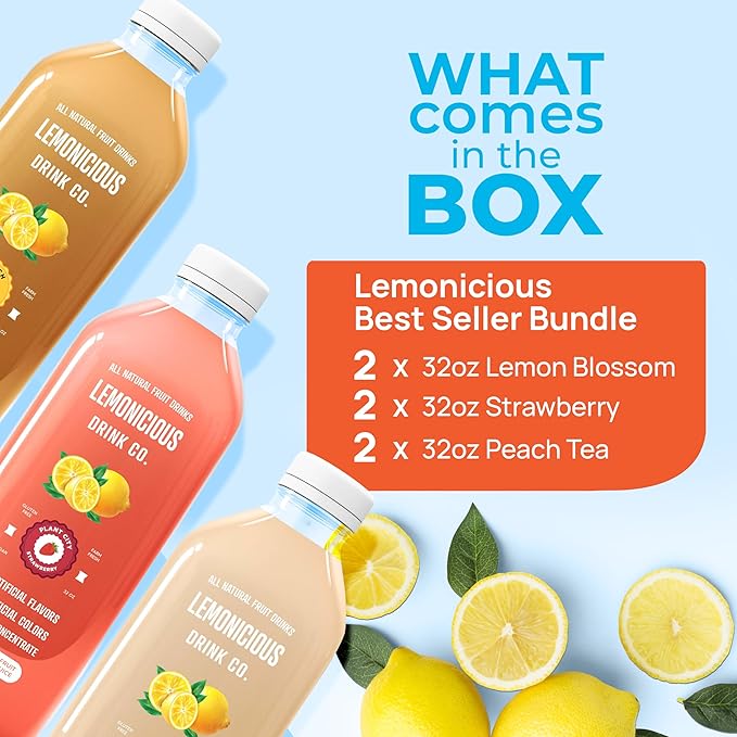 Lemonicious Best Sellers – 6 Bottles of Real Fruit Lemonade (32oz each) – Lemon Blossom Strawberry Peach Tea – Fresh Squeezed No Preservatives