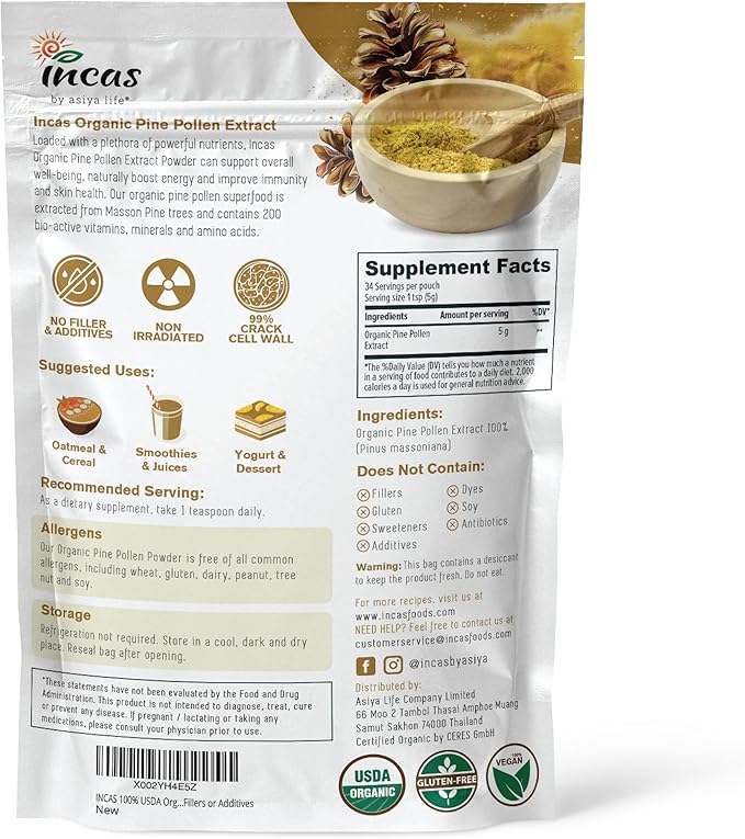 INCAS 100% USDA Organic Pine Pollen Powder (6 Ounces) Non GMO Verified 99% Cracked Cell Wall Wild HARVESTED Non-Irradiated Boosts Energy &amp Immune Support No Fillers or Additives