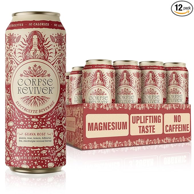 Corpse Reviver: Organic Electrolyte Hydration Drink | 175mg Magnesium 325mg Potassium 75mg L-Theanine 20mg Zinc 20mg Sodium Functional Beverage (Non-Alcoholic Sparkling Water) Guava Rose 12-Pack