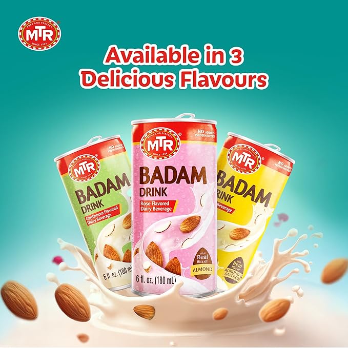 MTR Badam Drink - Rose Flavored Ready-to-Drink - Authentic Indian Almond Milk Beverage Real Bits of Almond No Added Preservatives Gluten-Free Refreshing Drink Perfect for Anytime Refreshment Pa