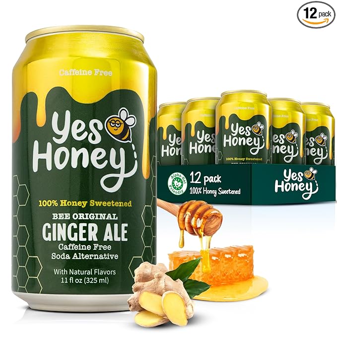 Yes Honey Soda Ginger Ale 11oz (12-Cans) 100% Honey-Sweetened Healthy Soda Alpha Gal Friendly Gluten Free Caffeine Free No Added Sugar